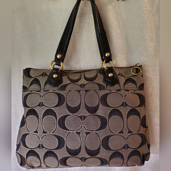 COACH VTG Large Poppy Signature Glam Tote Bag Tan & Black - Picture 3 of 10